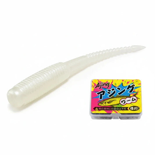 A translucent white ribbed soft plastic fishing lure shown on a white background. The product packaging box labeled 'Ajing' is visible in the lower right